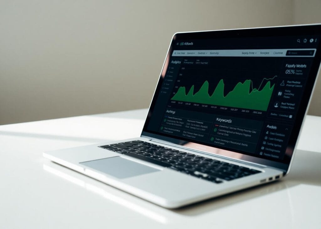 laptop on a table with graph screen