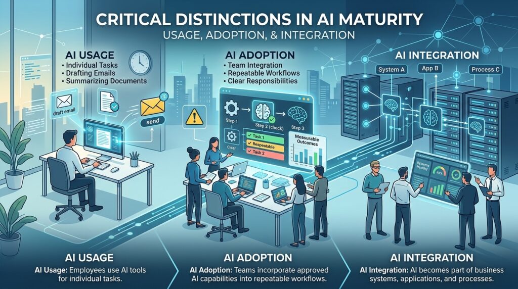 Critical distinctions in AI maturity: AI usage, AI adoption and AI integration