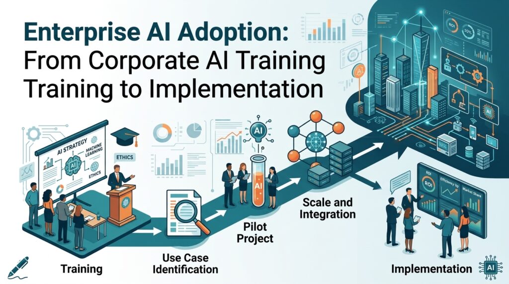 Enterprise AI adoption: from corporate AI training to implementation, showing training, use case identification, pilot project, scale and integration