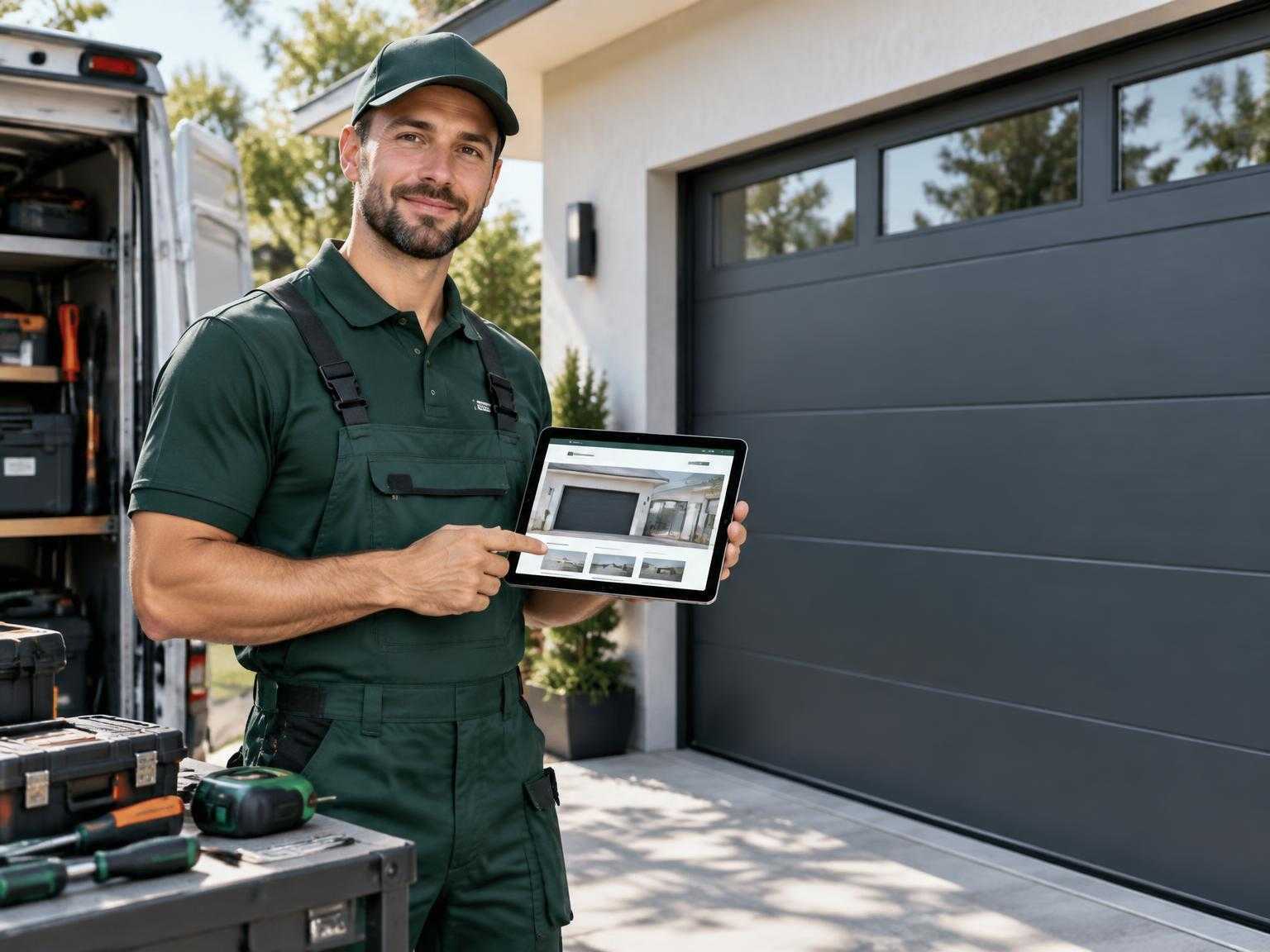 Garage door technician presenting a custom website on a tablet