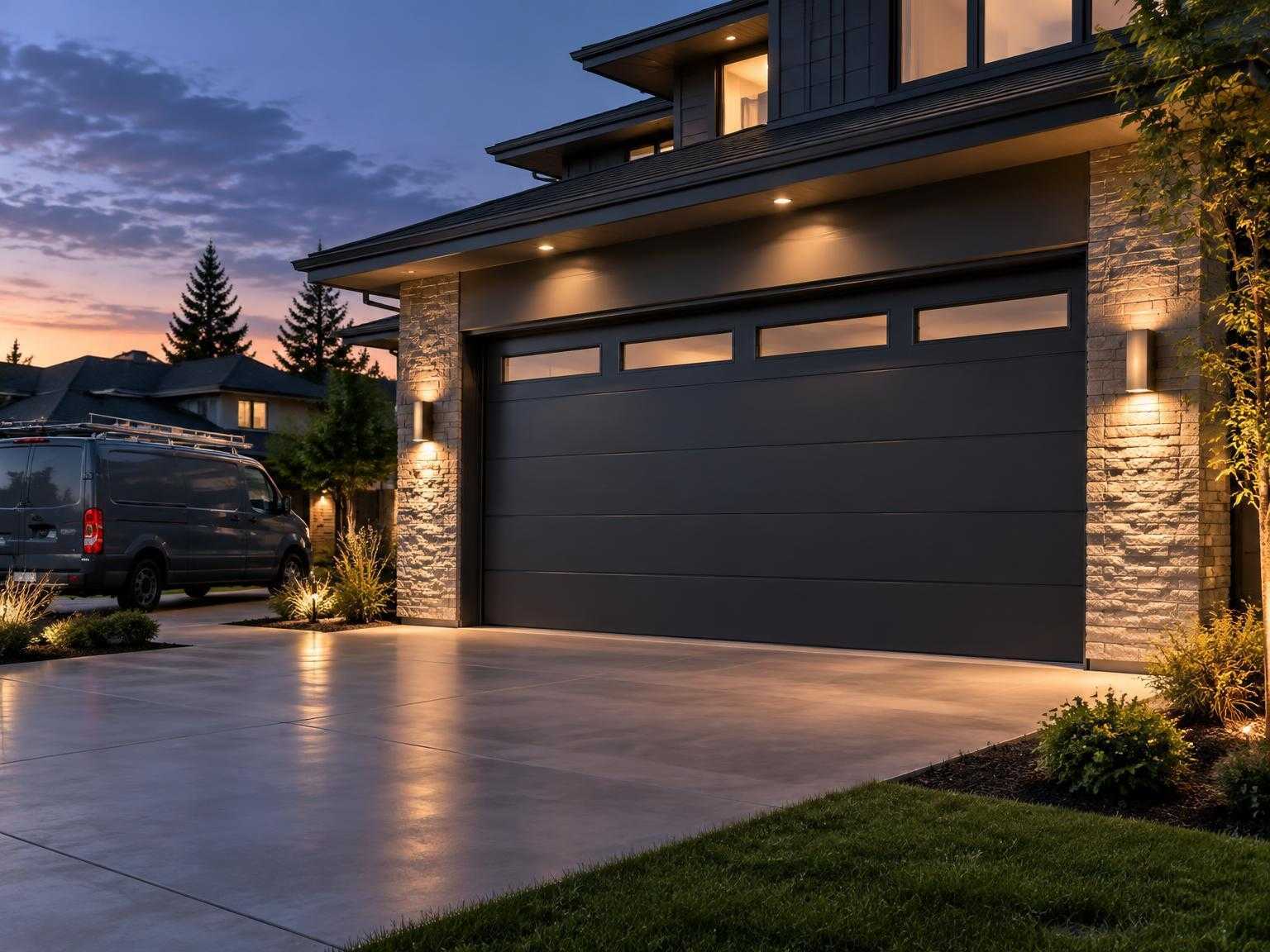 Modern charcoal garage door on a contemporary home at dusk with a service van