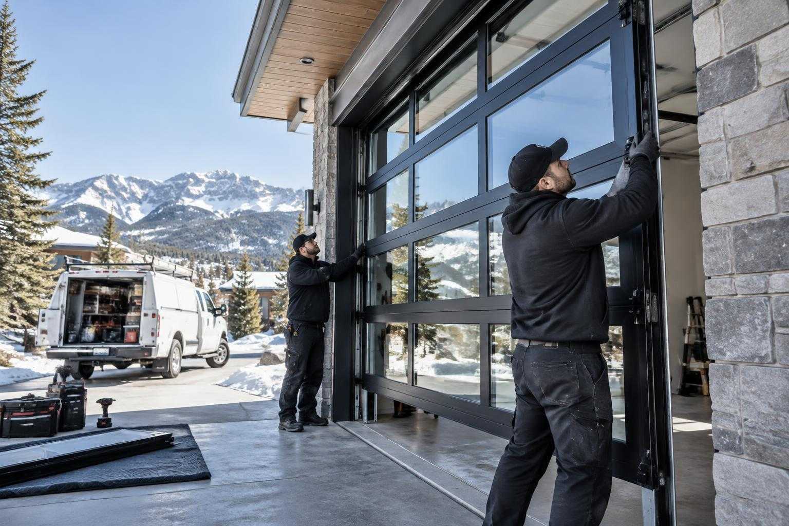 Precision Overhead Doors technicians installing a glass garage door in Denver