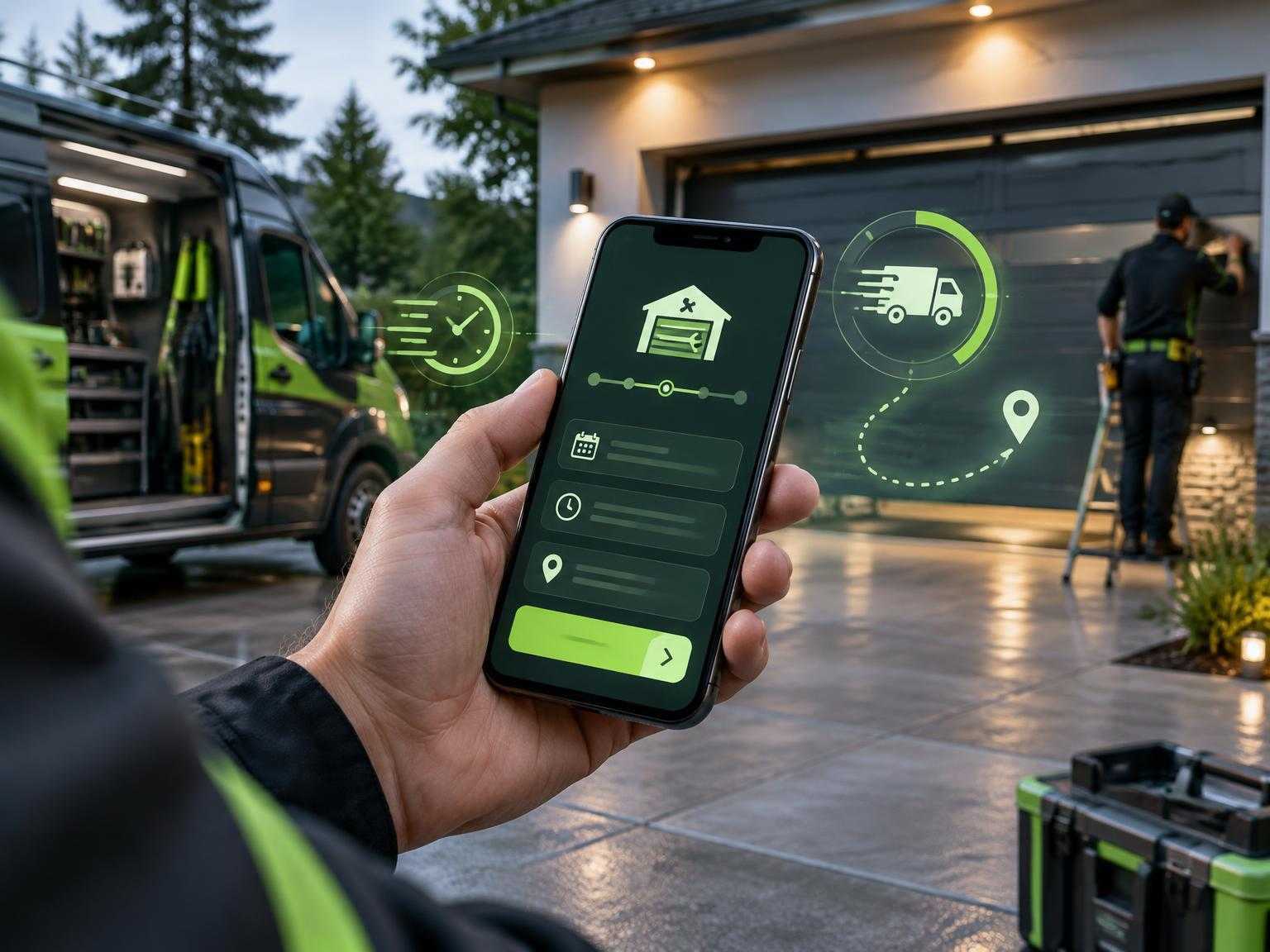Mobile garage door booking and technician dispatch on a smartphone
