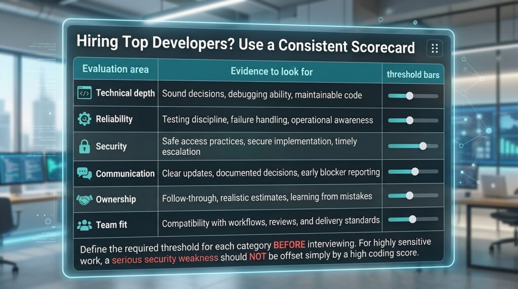 Scorecard for evaluating remote developers: technical depth, reliability, security, communication, ownership and team fit